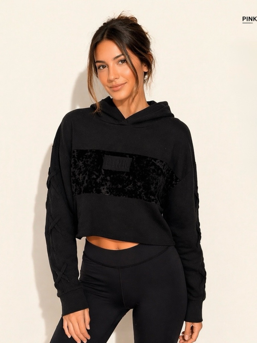 PINK Victoria’s Secret Black Cropped Hoodie Velvet Panel Lace-Up Sleeve M/L